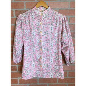 Vintage Center Stage Women's Floral Secretary Blouse Top 3/4 Sleeves Pink Small